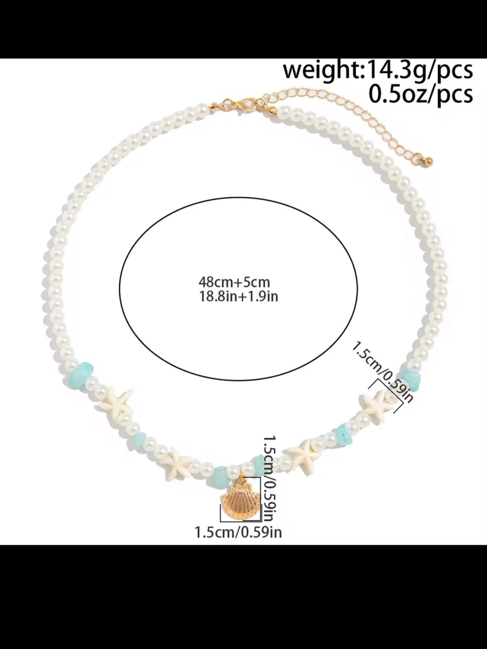 Anthropologie Pearl & Aqua Bead Necklace with Gold Shell Charm - Picture 2 of 4